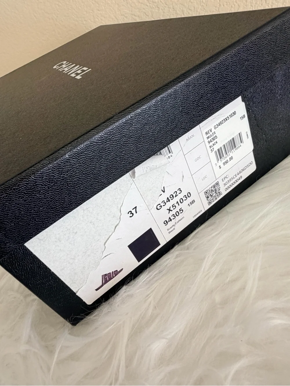 CHANEL Black Suede Chain-Trim Slide Mules